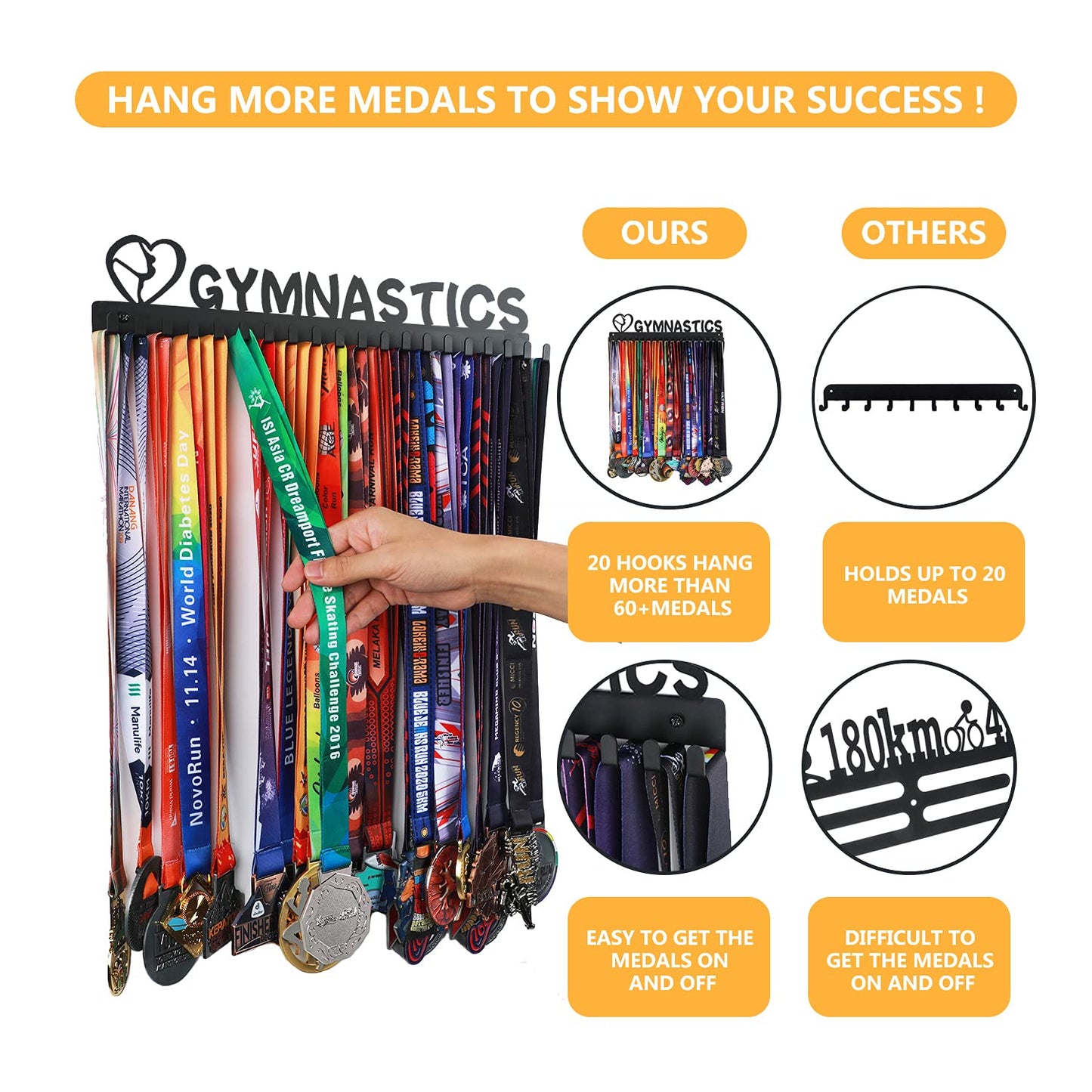Medal Hanger Display - Wall Mount Steel Rack with 20 Hooks Holds 60+ Medals