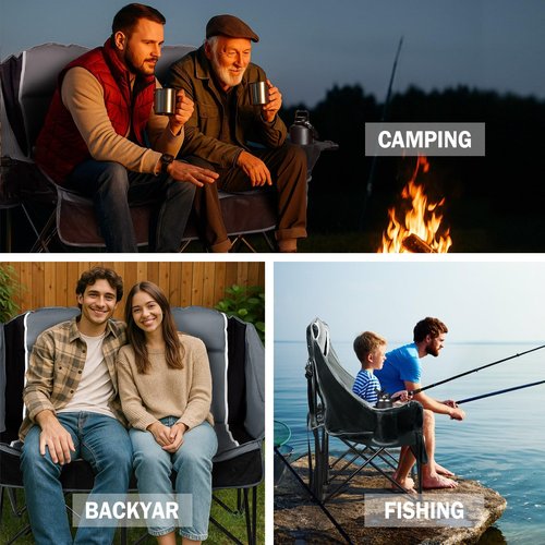 Oversized Double Camping Loveseat Chair for Adults, XL Heavy Duty 2 Person Comfy Couch with Cup Holders & Storage Pocket, Folding Portable Outdoor Chair for Camp, Yard, Fishing, Lawn,Tailgating