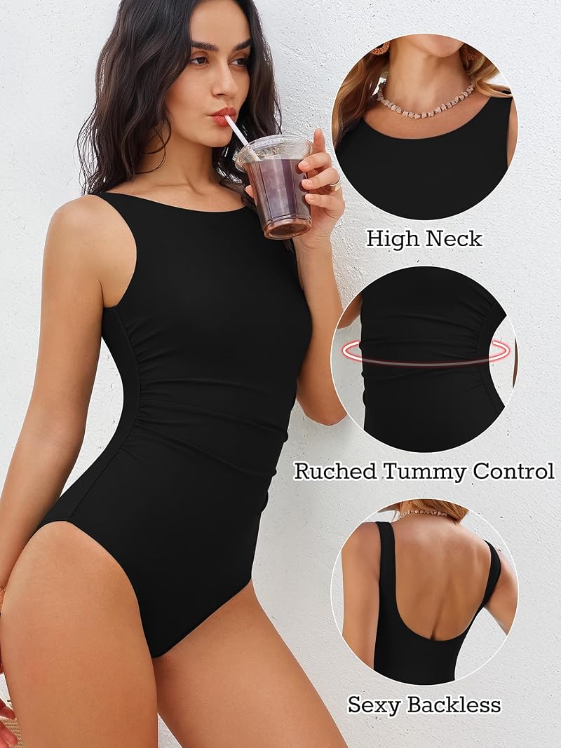 ANRABESS Black Small One-Piece Swimsuit Ruched High Neck Tummy Control