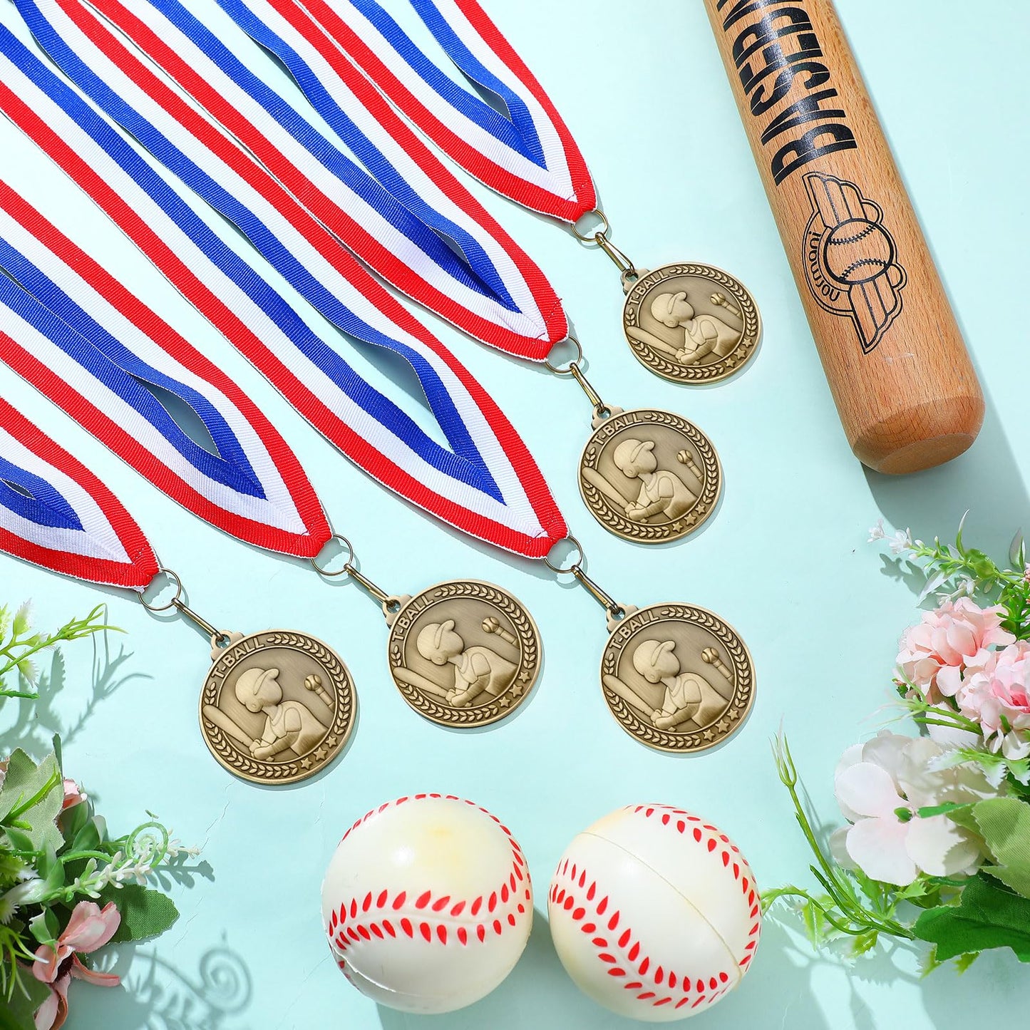 Remuuly 30 Pcs Gold Medals Bulk 2'' Basketball Soccer Baseball Volleyball Football Lacrosse Kickball Cheer Bowling Trophy Medals for Awards for Sports Participation Winner Gift(Gold,Tball)