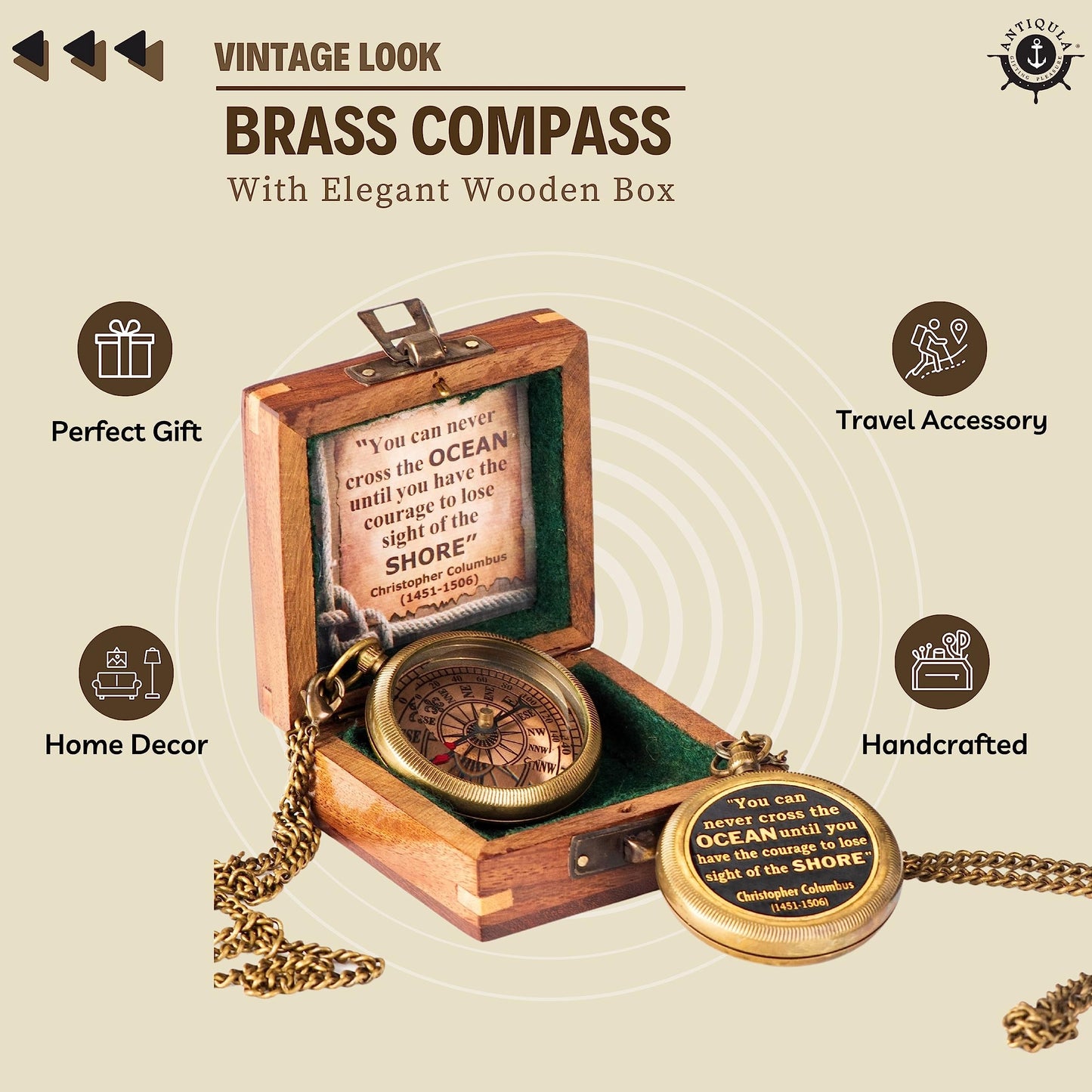 Antiqula Brass Compass with Wooden Box - Graduation Gifts, Pirate Accessories & Baptism Gift for Boys, Steampunk Travel Decor Compasses for Missionary, Inspirational and Sentimental Compass