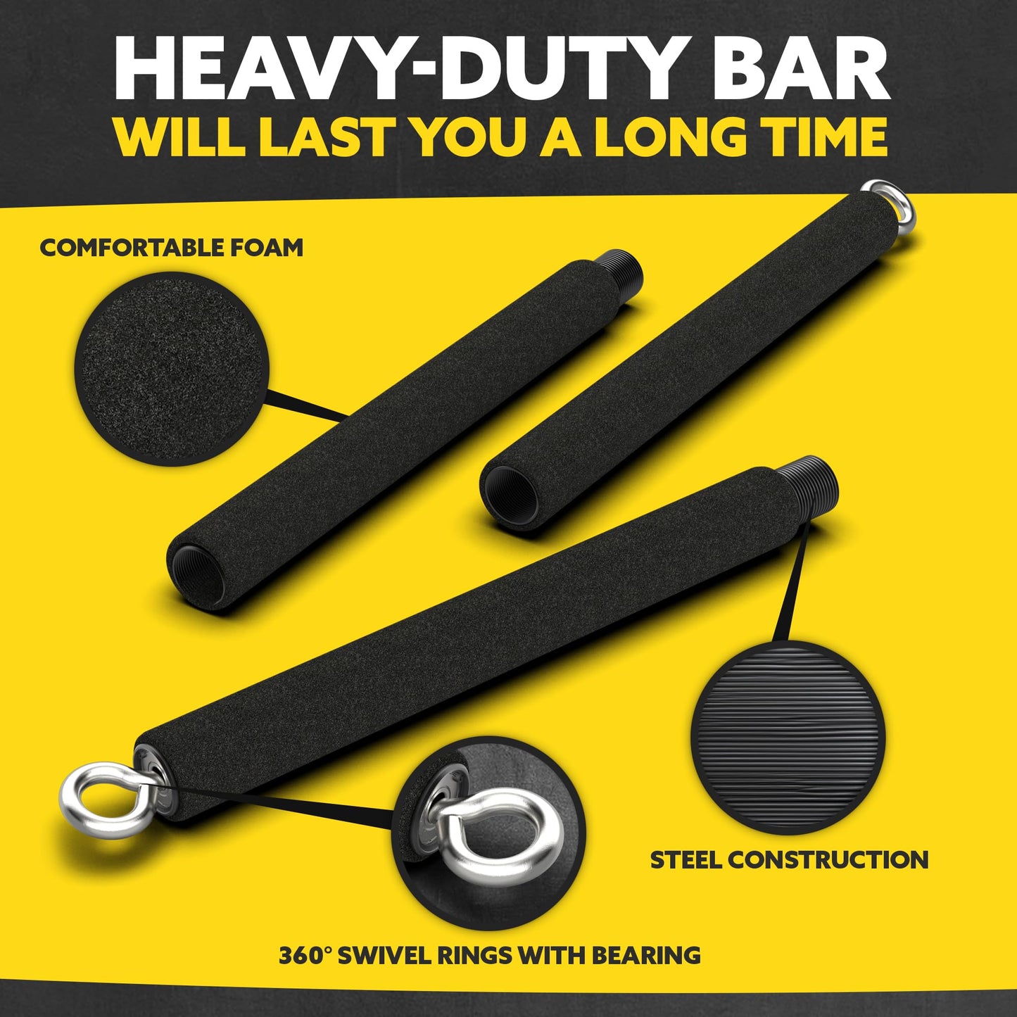 Adjustable Padded Steel Resistance Band Bar for Exercise, 26-38-Inches