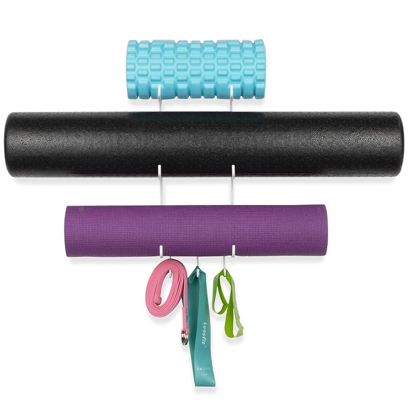 Guru Yoga Mat Wall Mount Rack with 3 Hooks - White 19" H, 5-Sectional