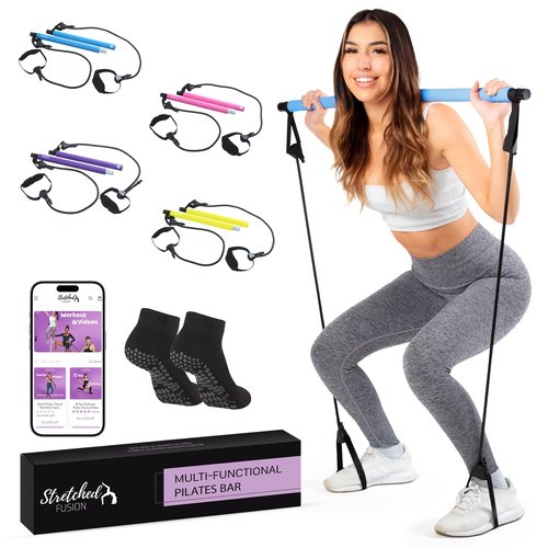 Stretched Fusion Pilates Bar Kit for Home Workouts | Portable Home Pilates Kit Set for Women & Men | Workout Bar for Legs, Hip, Waist and Arm (Blue)