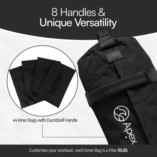APEX FLOW Sandbags for Working Out – 1000D Nylon Weighted Training Bag with 4 Inner Sandbags, 8 Handles – Adjustable 40lb Sand Bag for Weight Training, Fitness, and Travel (Black)