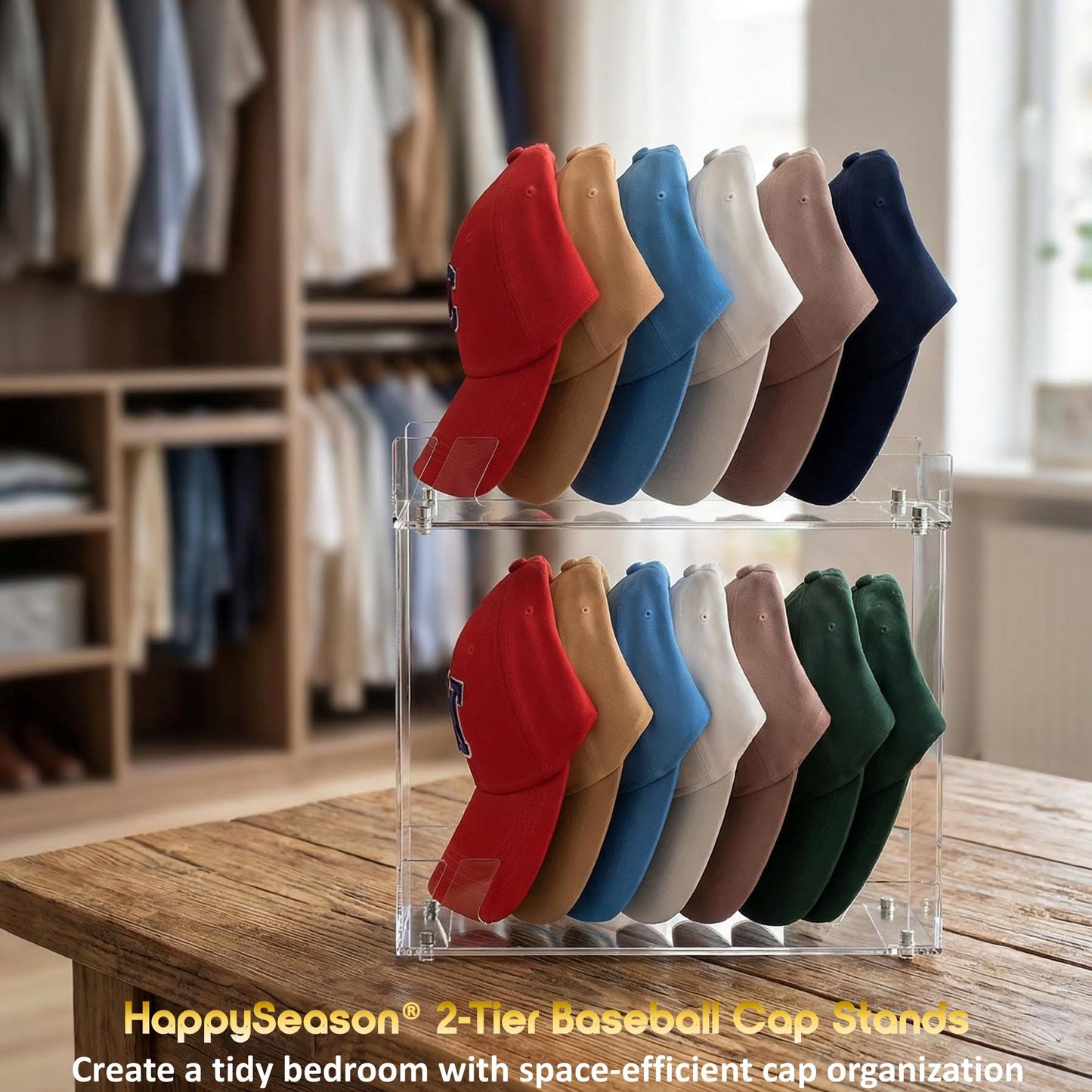 Happyseason 2 Pack 2-Tier Hat Organizer for Baseball Caps, Acrylic Baseball Cap Display Stand, Hat Rack Two Levels, Hat Organizer Shelf for Closet, Hat Holder Holds 28 Caps