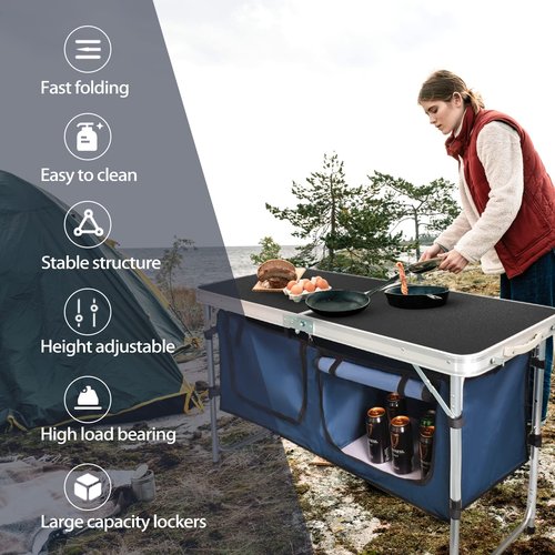 CampLand Outdoor Folding CampingTable with Aluminum Lightweight Height Adjustable with Storage Organizer Picnic Table for BBQ, Party, Camping (Black)