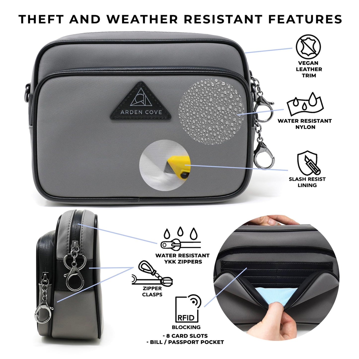 Arden Cove Full Anti-Theft Waterproof Cross-Body Bag (23" Drop Length, Black)