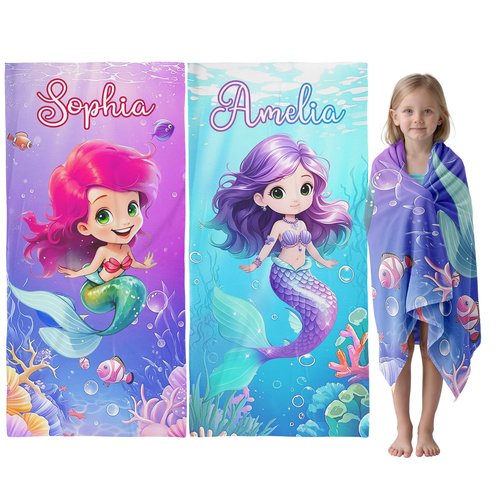 Infiher Personalized Beach Towels for Kids,Custom Kids Monogrammed Towels with Name,Customized Microfiber Quick Dry & Sand Free Beach Towel for Swim,Bath,Pool,Gifts,Girls Mermaid Towel(2 Styles)