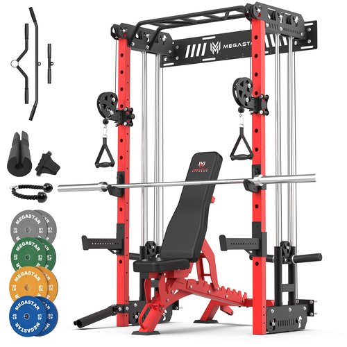 MEGASTAR Wall Mounted Power Rack Home Gym Package – 1600LB Capacity Compact Commercial Home Gym with Dual Cable Crossover, LAT Pulldown & Multi-Grip Pull-Up Bar for Small Spaces, P67 Striker Red