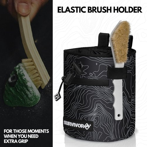 SURVIVOR Chalk Bag - Rock Climbing Chalk Bag for Rock Climbing, Bouldering, Weight Lifting, & More - Draw String Closure, 2 Zippered Pockets & Brush Holder - Gym Chalk Holder & Rock Climbing Bag