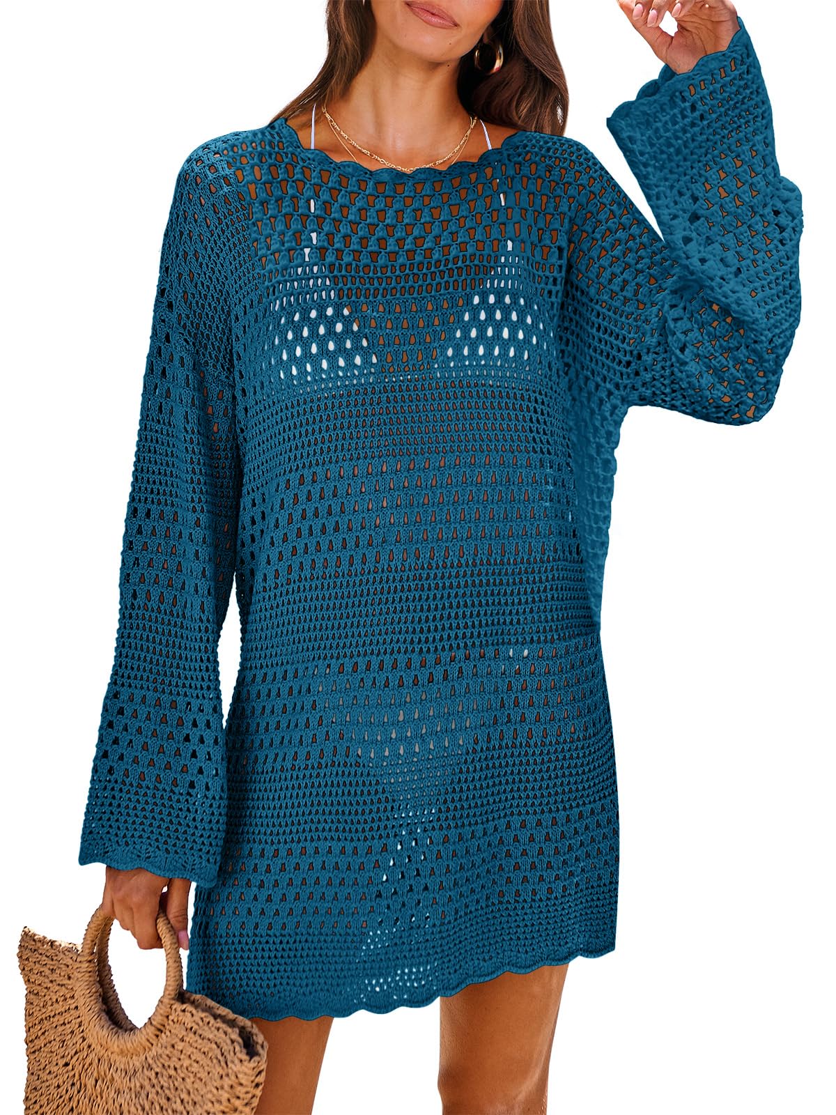 ANRABESS Women Swimsuit Crochet Swim Cover Up 2026 Summer Bathing Suit Swimwear Mesh Knit Beach Dress Vacation Outfits Cyan Medium