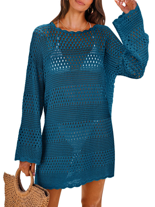ANRABESS Women Swimsuit Crochet Swim Cover Up 2026 Summer Bathing Suit Swimwear Mesh Knit Beach Dress Vacation Outfits Cyan Medium