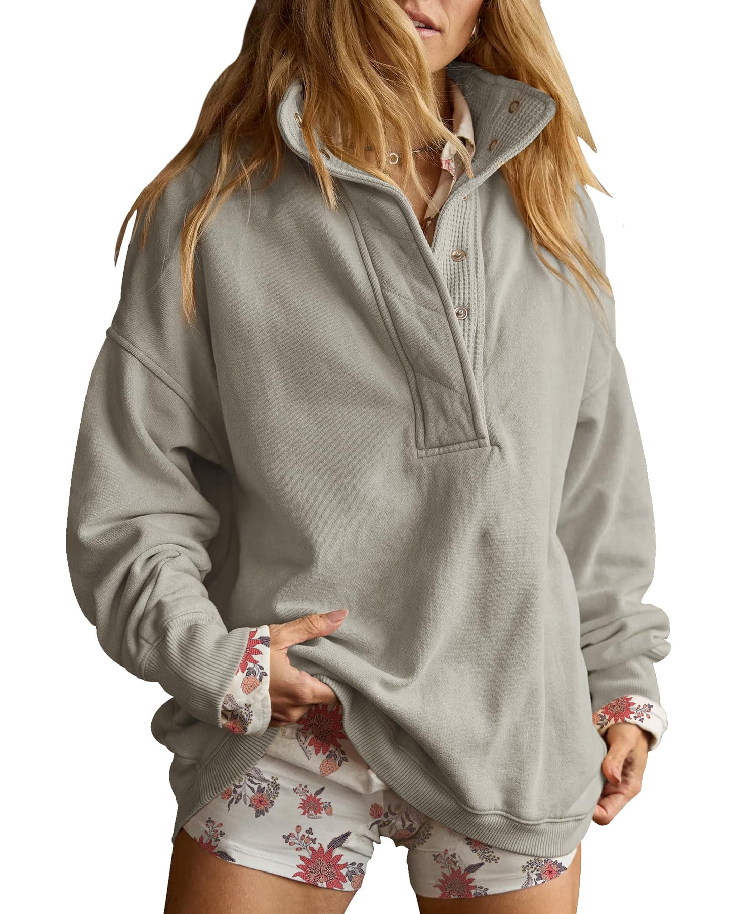 Gacaky Sweatshirt for Women Oversized Casual Long Sleeve Button Henley Neck Pullover Tops Fashion Outfits Clothes Gray XS