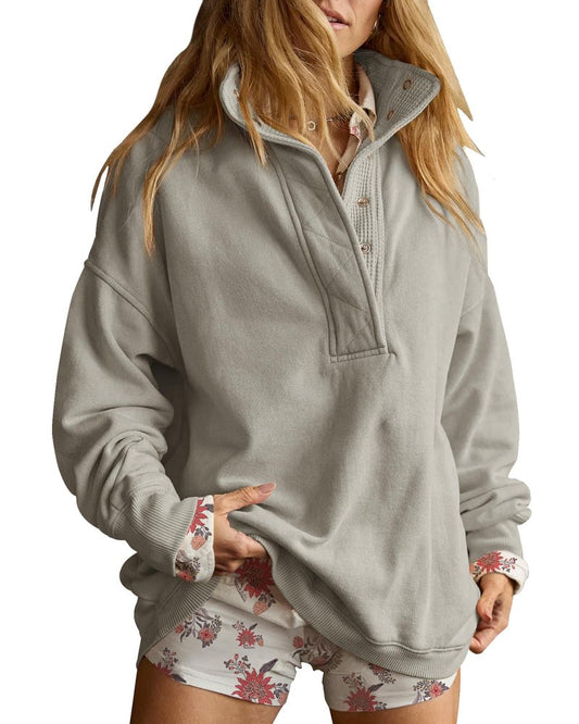 Gacaky Sweatshirt for Women Oversized Casual Long Sleeve Button Henley Neck Pullover Tops Fashion Outfits Clothes Gray XS