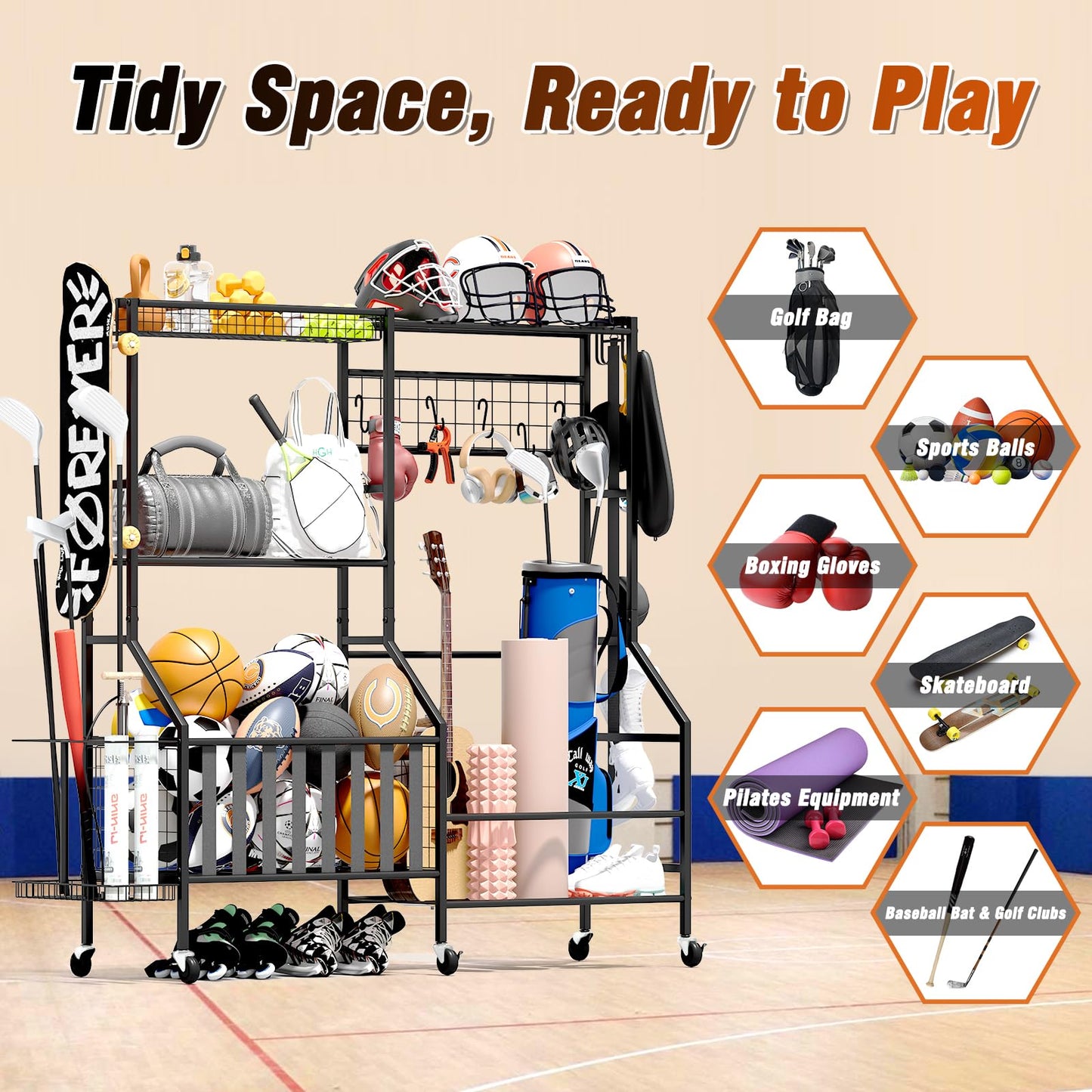 JIRTEMOT Sports Equipment Organizer Pro, Heavy Duty Golf Bags Stand, Extra Large Ball Storage Rack for Garage, Sports Gear Storage with Pegboard and Hooks, 360° Swivel Wheels