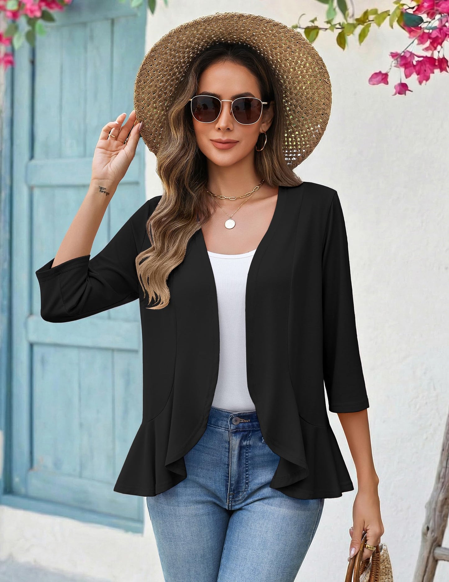 Zeagoo Women's 2026 Summer 3/4 Sleeve Lightweight Cardigans Open Front Draped Ruffles Kimono Coverups