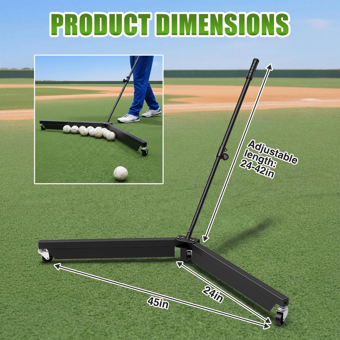 Motionchic 1 Set Heavy Duty Baseball Ball Picker, 45" Wide Roller Adjustable Handle (24"-42") 5kg Steel Frame with Smooth Casters for Grass Turf Clay, Indoor, Efficient Baseball Softball Collection