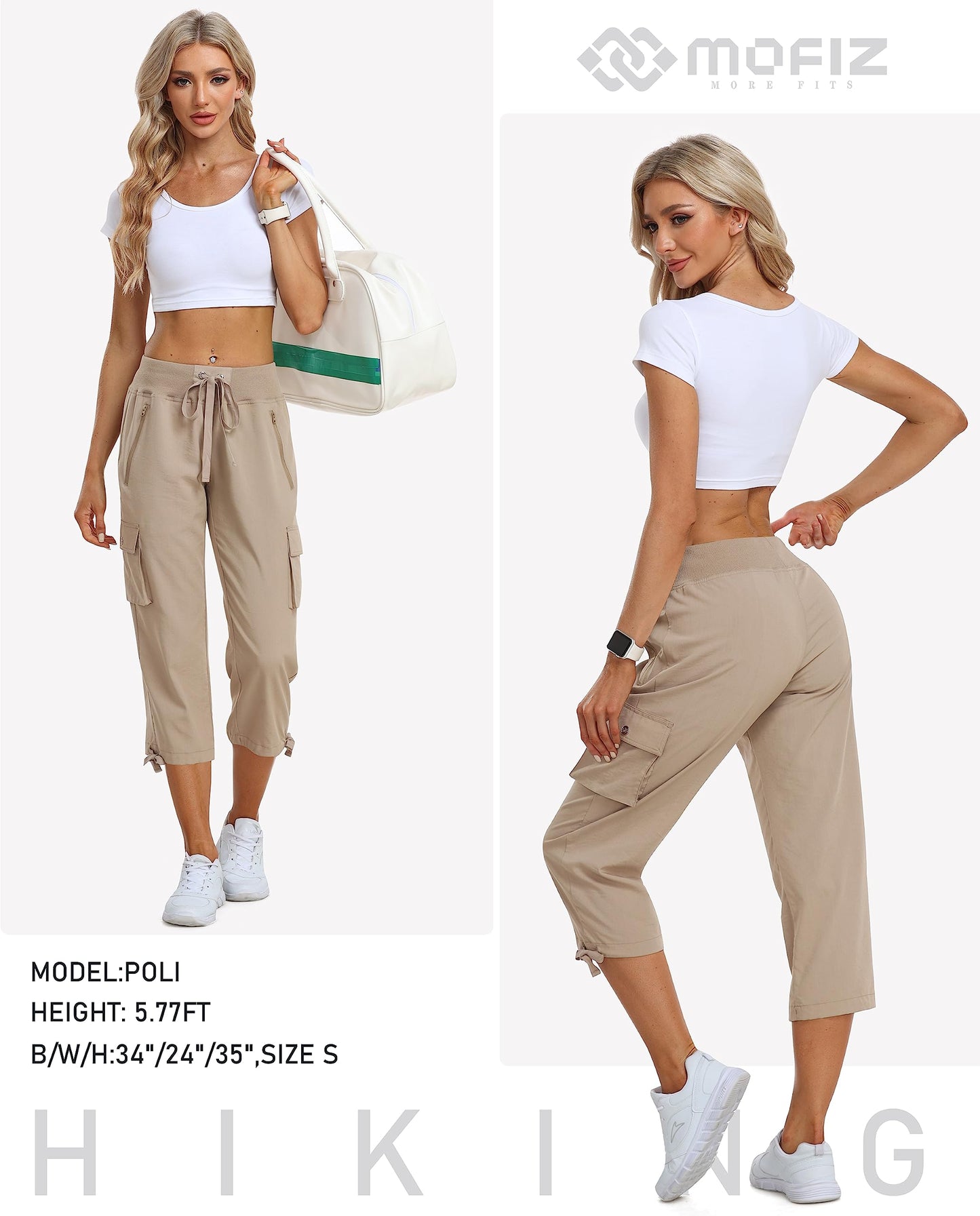 MoFiz Women's Hiking Capris Pants Lightweight Quick Dry Running Athletic Casual Outdoor Cargo Pants for Women Zipper Pockets Khaki XS