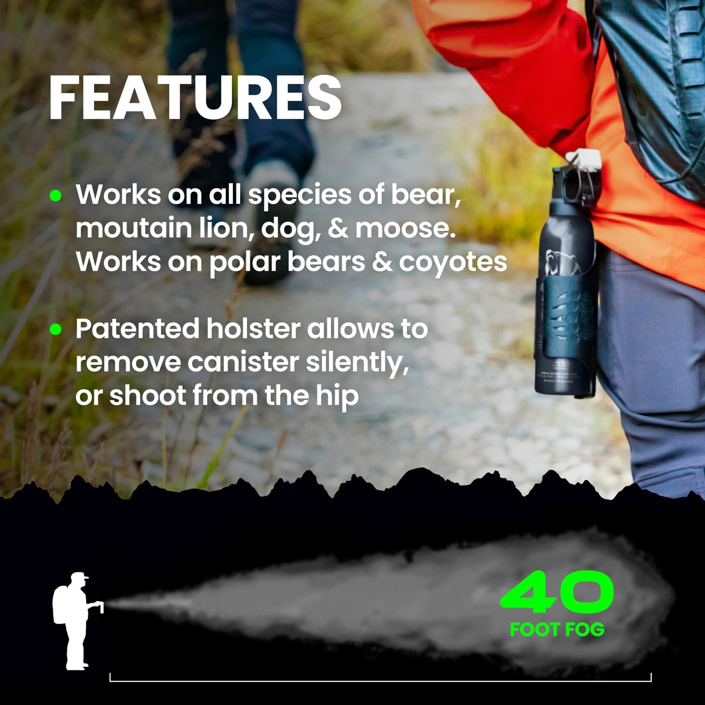 Griz Guard Bear Spray with Holster 2 Pack – Max Strength 7.9 oz, 40-Foot Range, EPA-Registered Deterrent for Bears, Mountain Lions, Coyotes, Dogs & Moose, Glow Safety Clip, Hiking & Camping Protection