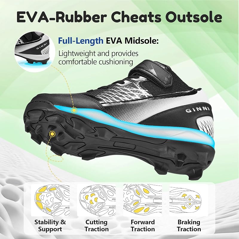 Kids Baseball Cleats Mid-Top Shoes for Boys & Girls - GINNI Black+4 Big Kid