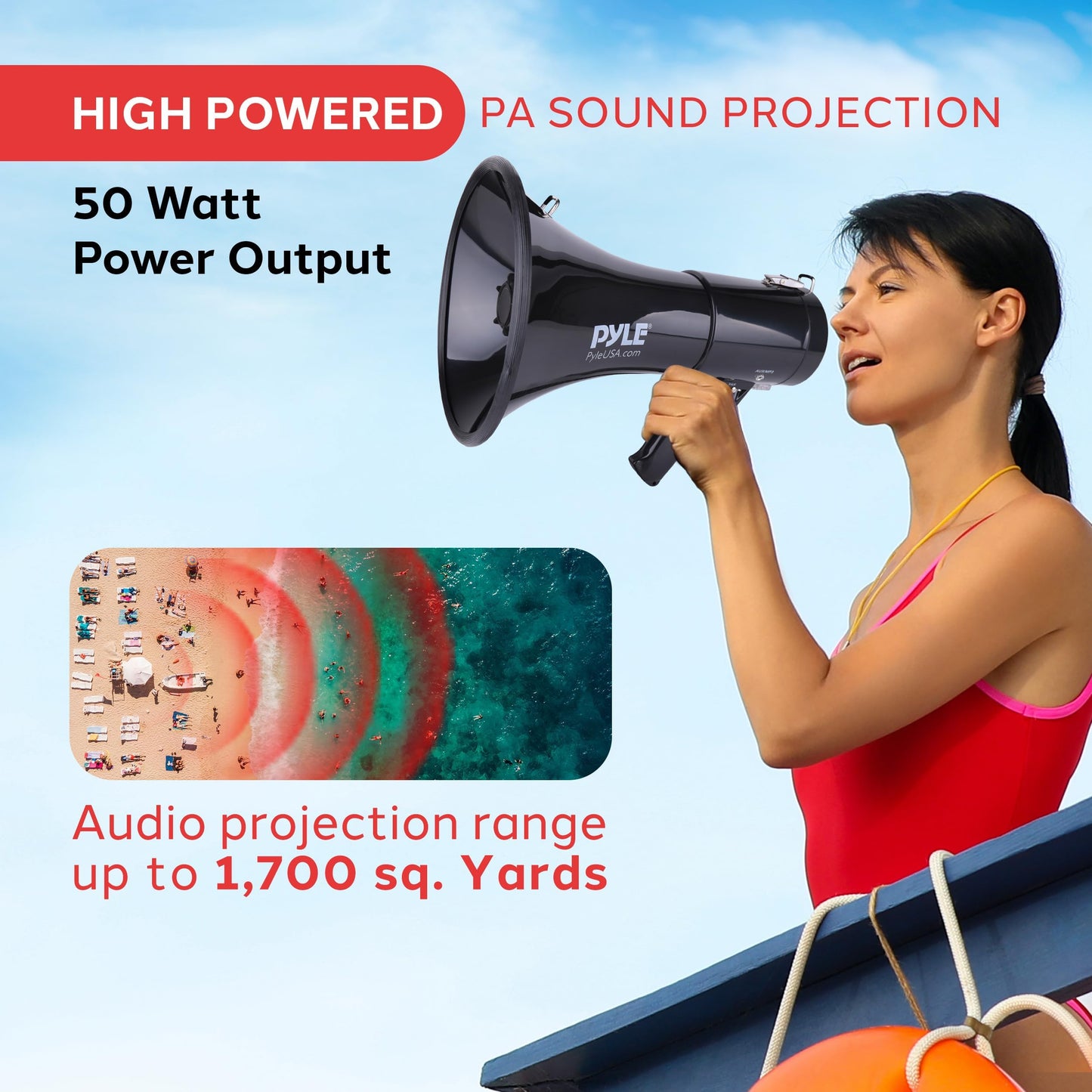 PYLE 50W Megaphone Speaker PA Bullhorn - Built-in Siren, Adjustable Volume Control, 35mm Aux Input, 1554 Meters Range, Perfect for Sports Events, Emergency Drills, and Outdoor Activities, Black