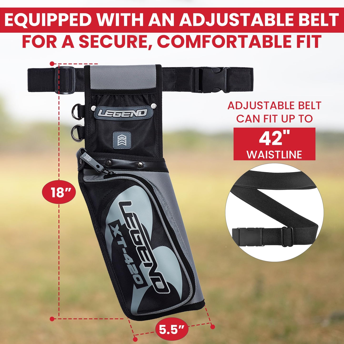 Legend XT420 Arrow Quiver - Quiver Arrow Holder, Archery Quiver with 3 Arrow Tube, Durable Nylon Hip Quivers with Multiple Pockets for Archery Accessories, Score Card & Tools - Right Handed, Grey