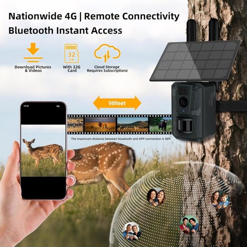 Trail Camera with Night Vision Game Cameras : 4G Cellular Trail Cam with Motion Activated Waterproof - Wildlife Camera with Solar Panel for Outdoor Deer Monitoring and Property Security with 32GB Card