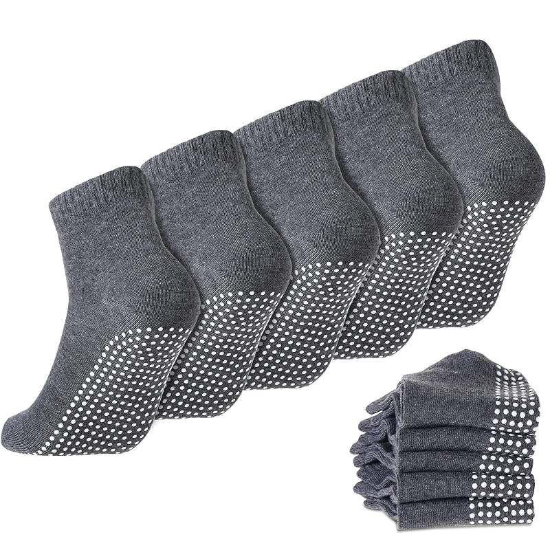 Geyoga 5 Pairs Non Slip Socks for Men Women – Dark Gray Grip Socks