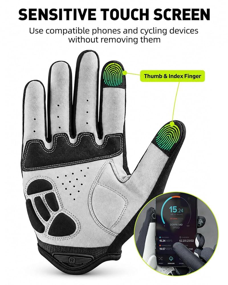 ROCKBROS Full-Finger Cycling Gloves with Gel Pad – Breathable, Touchscreen, Unisex (US XL / Asian XXL) – Black