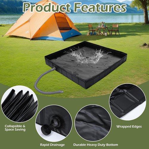 Portable Shower Pan 41" x 41" x 5" Foldable Camping Shower Base with Drain Hose and Clamp Shower Basin for Outdoor, Camping, Beach