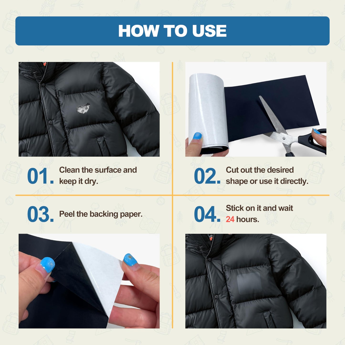 KING MOUNTAIN Self Adhesive Nylon Fabric Repair Patch, 5×8 Inches 8 Pcs, Quick Down Jacket Repair Patch, Waterproof Outdoor Gear Patch Kit for Tent,Backpacks,Umbrella, Gloves, Sleeping Bag (Orange