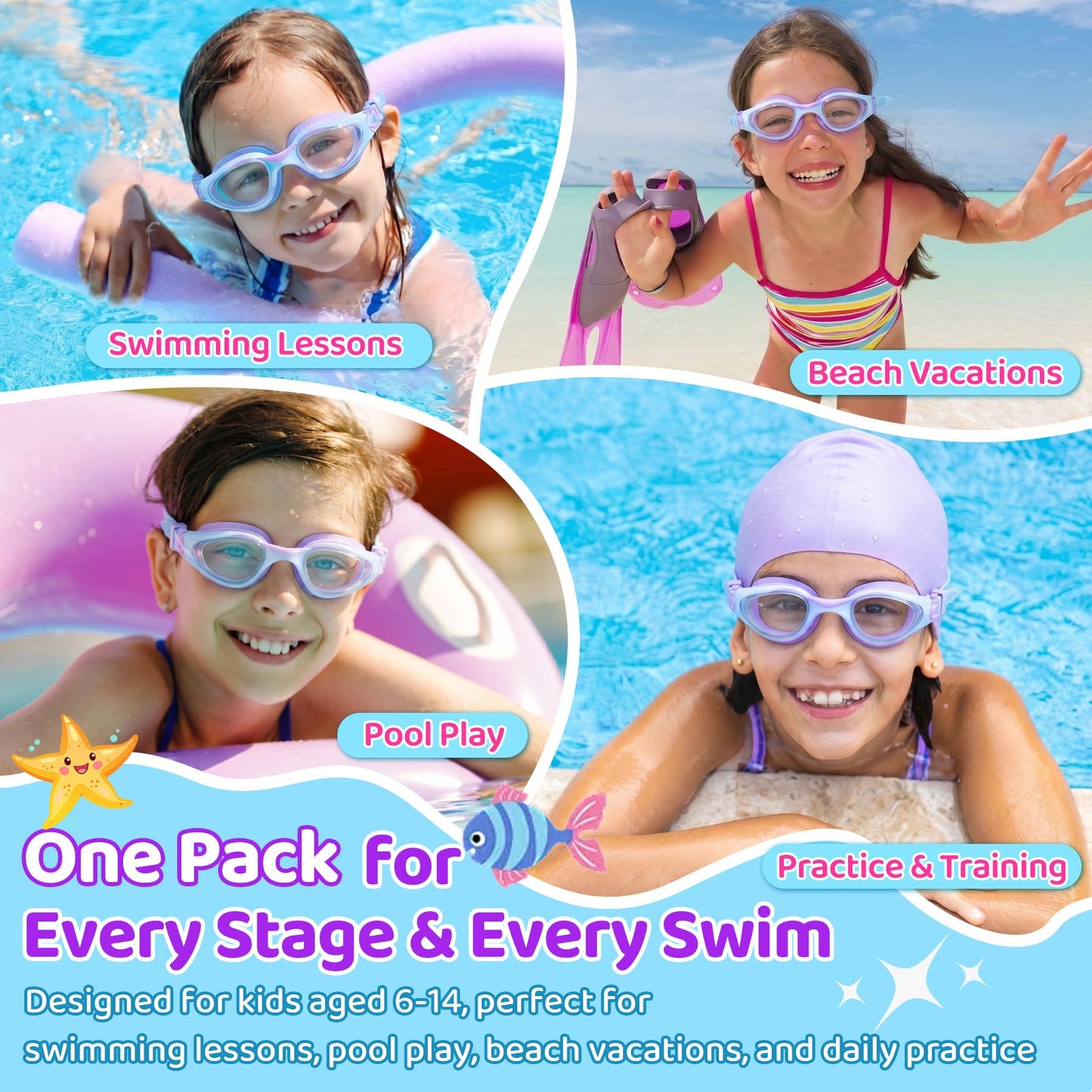Vvinca Kids Swim Goggles for Boys Girls Age 6-14, Anti-Fog UV Protection Clear Swimming Goggles, Leak-Proof Kids Pool Goggles with Easy Side-Pull Adjustment for Toddler Youth Pool Water Swimming