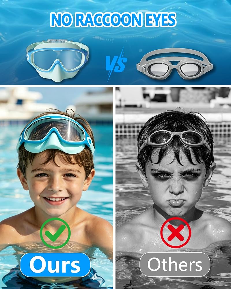 Kids Swim Goggles 2 Pack - Soft Silicone Anti-Fog UV Protection, Blue/Green & Black