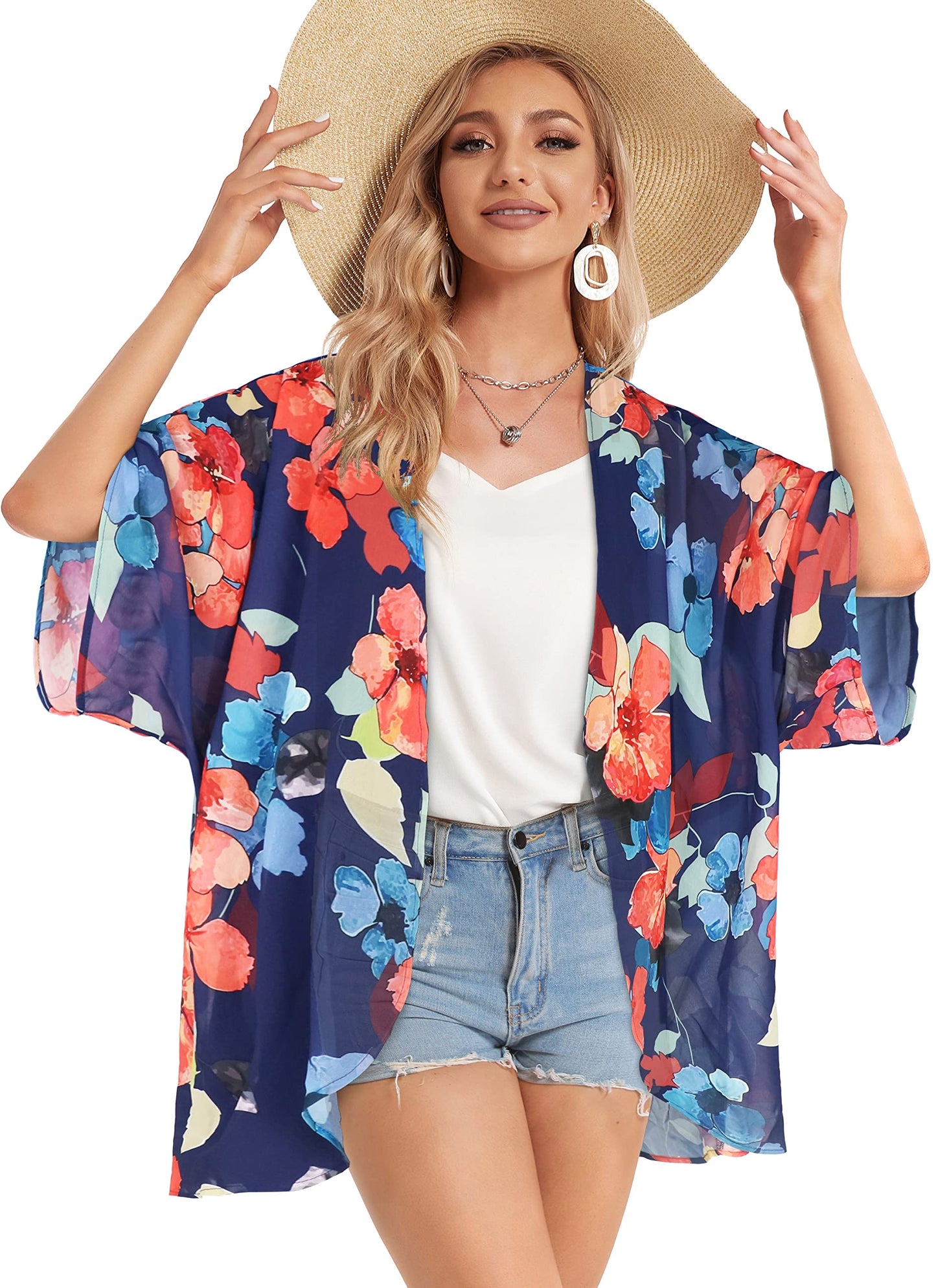 Summer Kimono Cardigan for Women Sheer Light Tops Casual Open Front Swimwear Shirts Beach Cover ups (Oil Blue,3XL)
