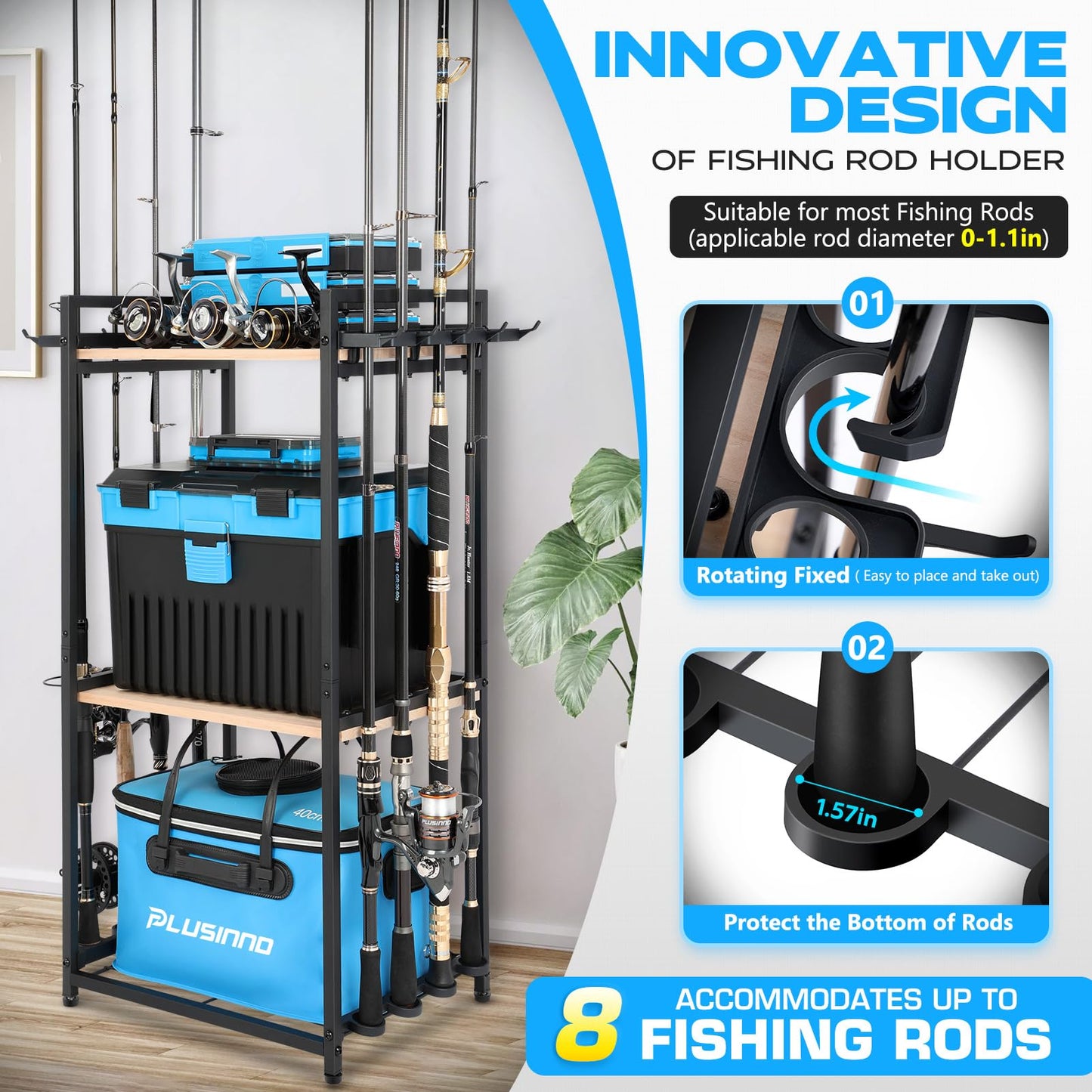 PLUSINNO 3 Tier Fishing Rod Holder, Fishing Pole Holders for Garage, Fishing Rod Rack Fishing Rod Storage Up to 8 Rods, Fishing Gear Tackle Box Fishing Equipment Organizers, Fishing Gifts for Men