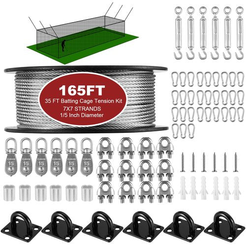 RIIFRILY Batting Cage Netting Wire Tension Kit Retractable Batting Cage Cable Kit Suspension, DIY Batting Cage Indoor and Backyard Design, Batting Cage Frame Kit （35FT）