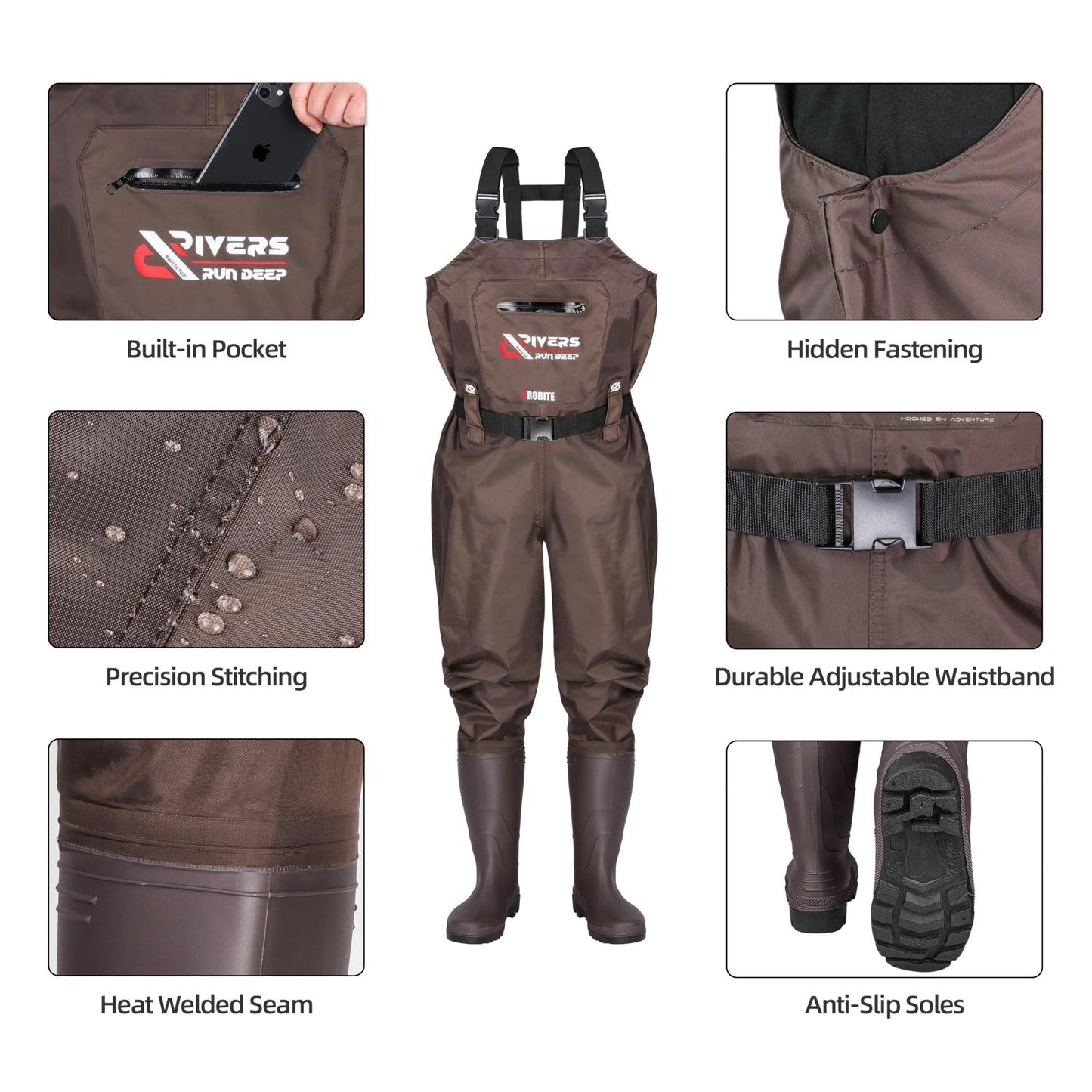 PROBITE Fishing Chest Waders for Men Women with Boots Waterproof 2-ply Nylon PVC Lightweight Waders for Hunting(M8/W10,Brown)
