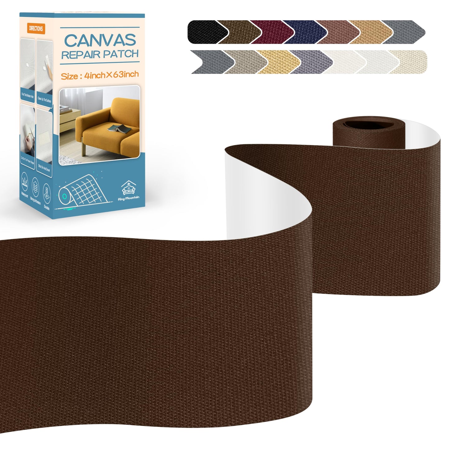 KING MOUNTAIN Canvas Repair Tape,Outdoor Gear Patch, 4×63 Inches,Waterproof,Self-Adhesive for Repairing Boat Covers,Sun Shades,Sofas,Tents,Lounge Chairs,Awnings (Dark Brown)