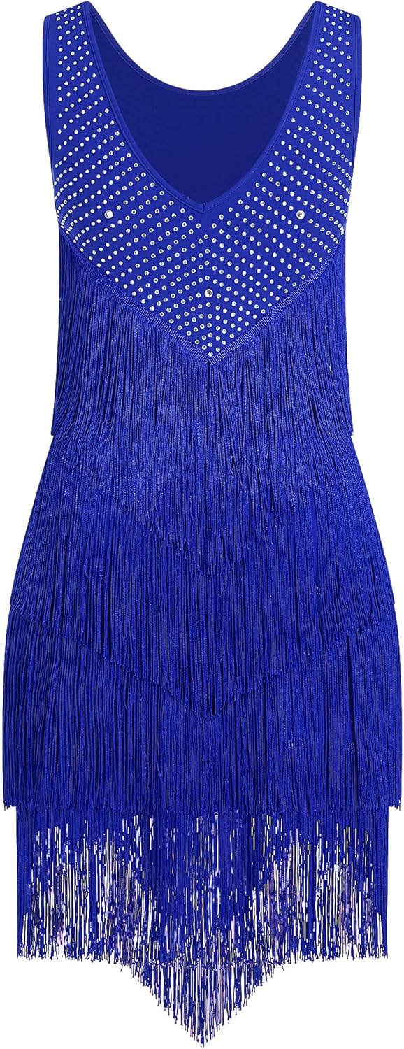 IWEMEK Rhinestones Layered Fringe Dress Ballroom Latin Dance Dress for Women Tiered Tassel Flapper Dresses Dancing Costume