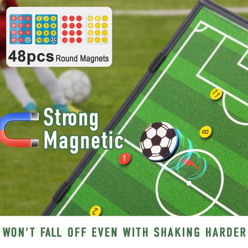 WISYOK Leather Covered Magnetic Soccer Lineup Board, Foldable and Portable Clipboard for Coaches with 48 Cards, 2 Markers, 4 Hooks and 1 Organizer Bag