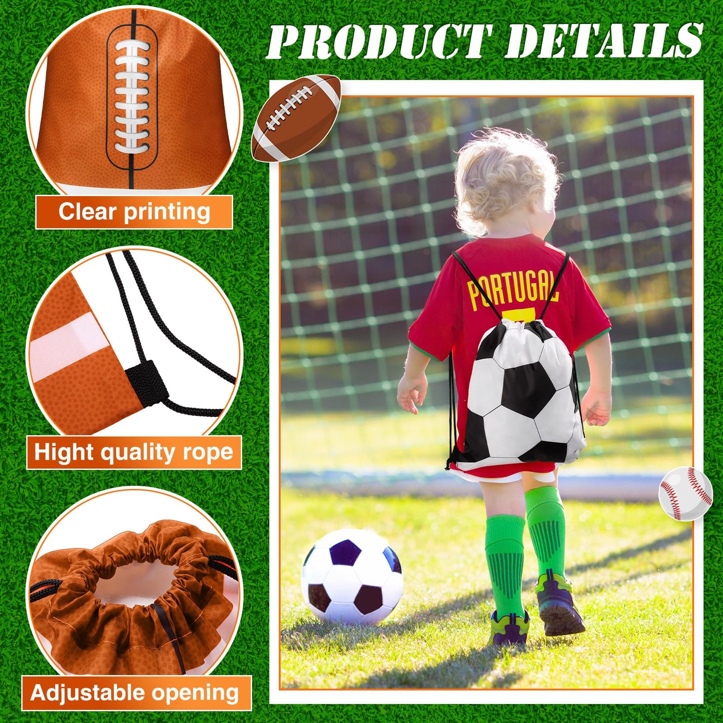 Censen 24 Pcs Drawstring Bags Set Bulk 12 x 10 Inch Waterproof Beach Bag for Soccer Baseball Basketball Football Gift Party (Sport Style)