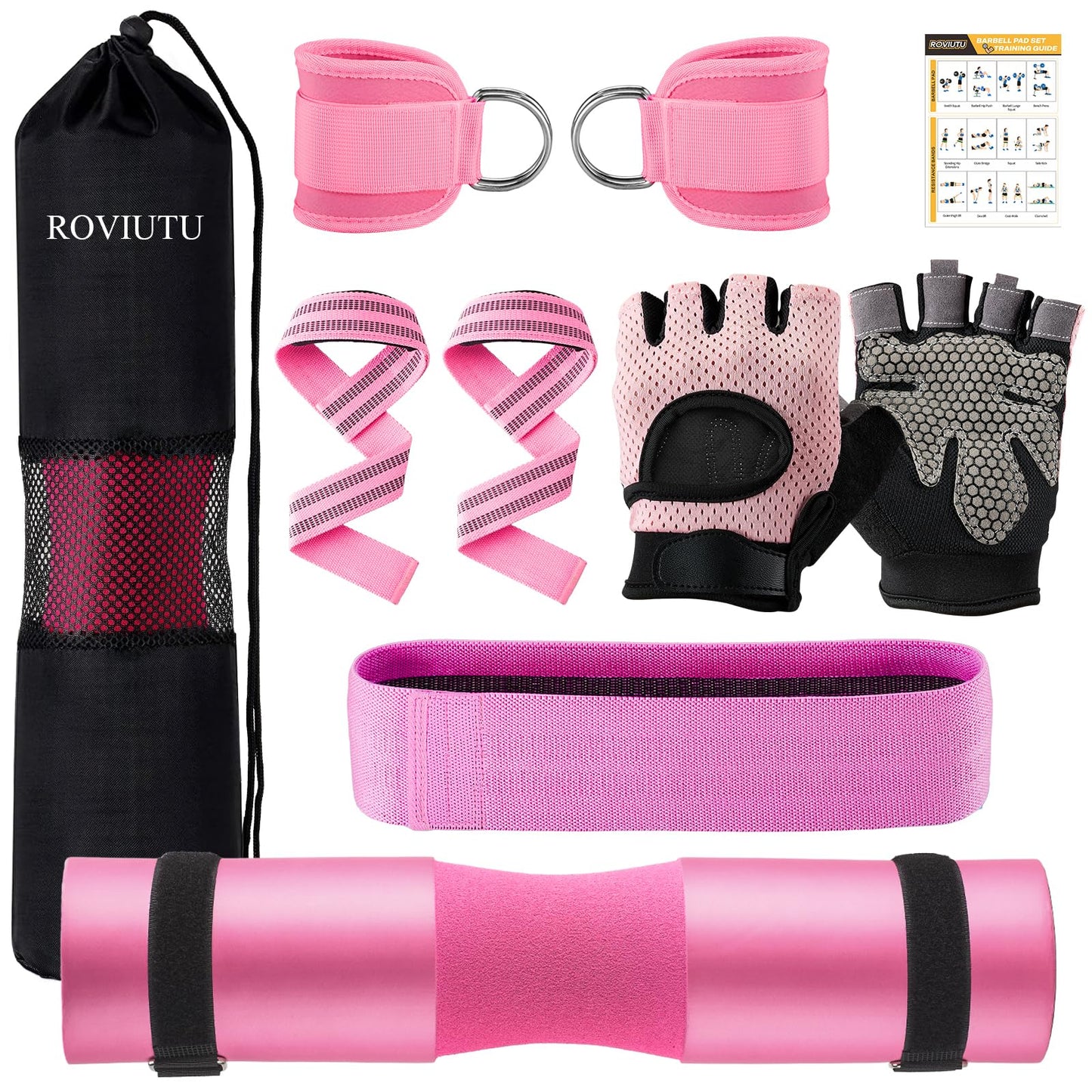 Roviutu Barbell Pad Set for Squat,Hip Thrusts, Leg Day,Olympic Bar Pad with 2 Gym Ankle Safety Straps, 2 Workout Gloves, Resistance Band, Carry Bag, Gym Accessories for Women (Pink Large Gloves