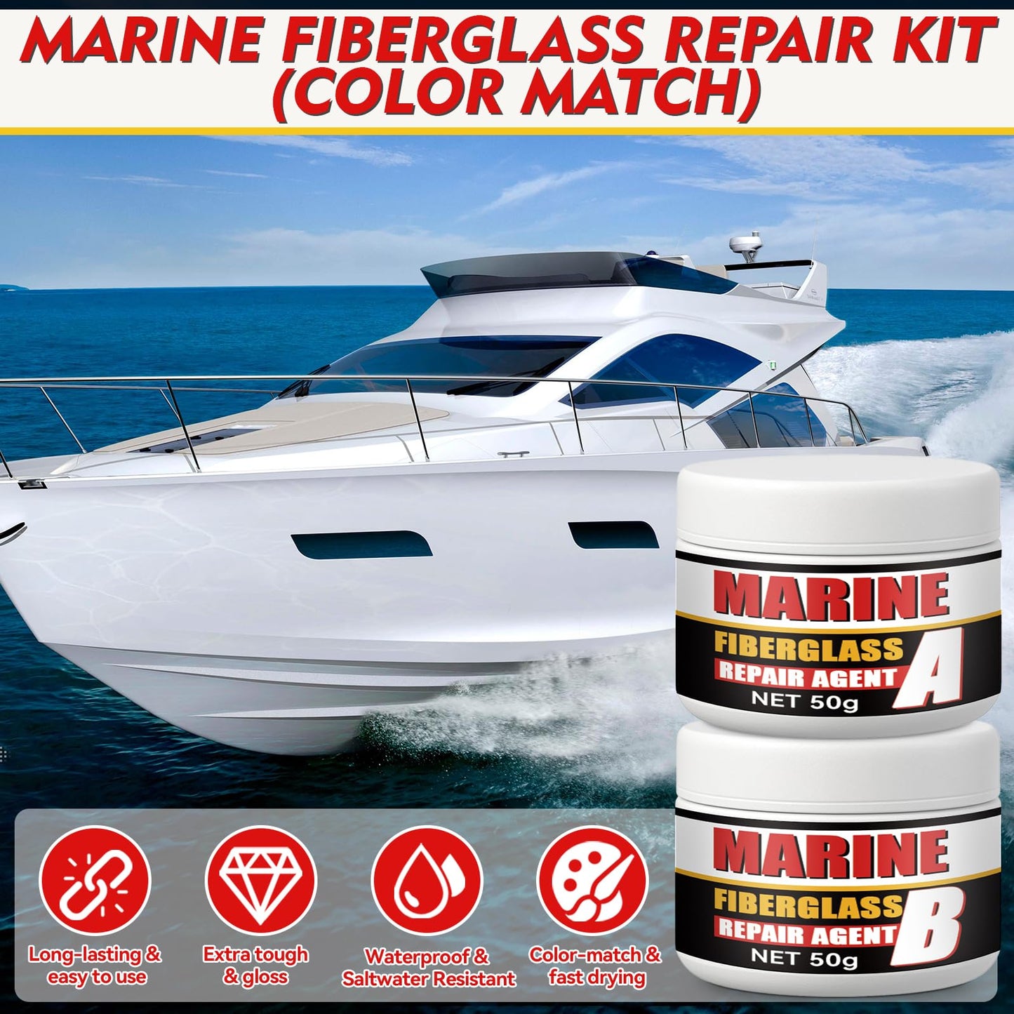 Yeardera Marine Fiberglass Repair Kit, Boat Gel Coat Repair Kit, Waterproof Fiberglass Repair Kit for Boats & Kayaks, Fiberglass Kit Fix Holes, Chips, Deep Cracks, Scratches(Color Match)