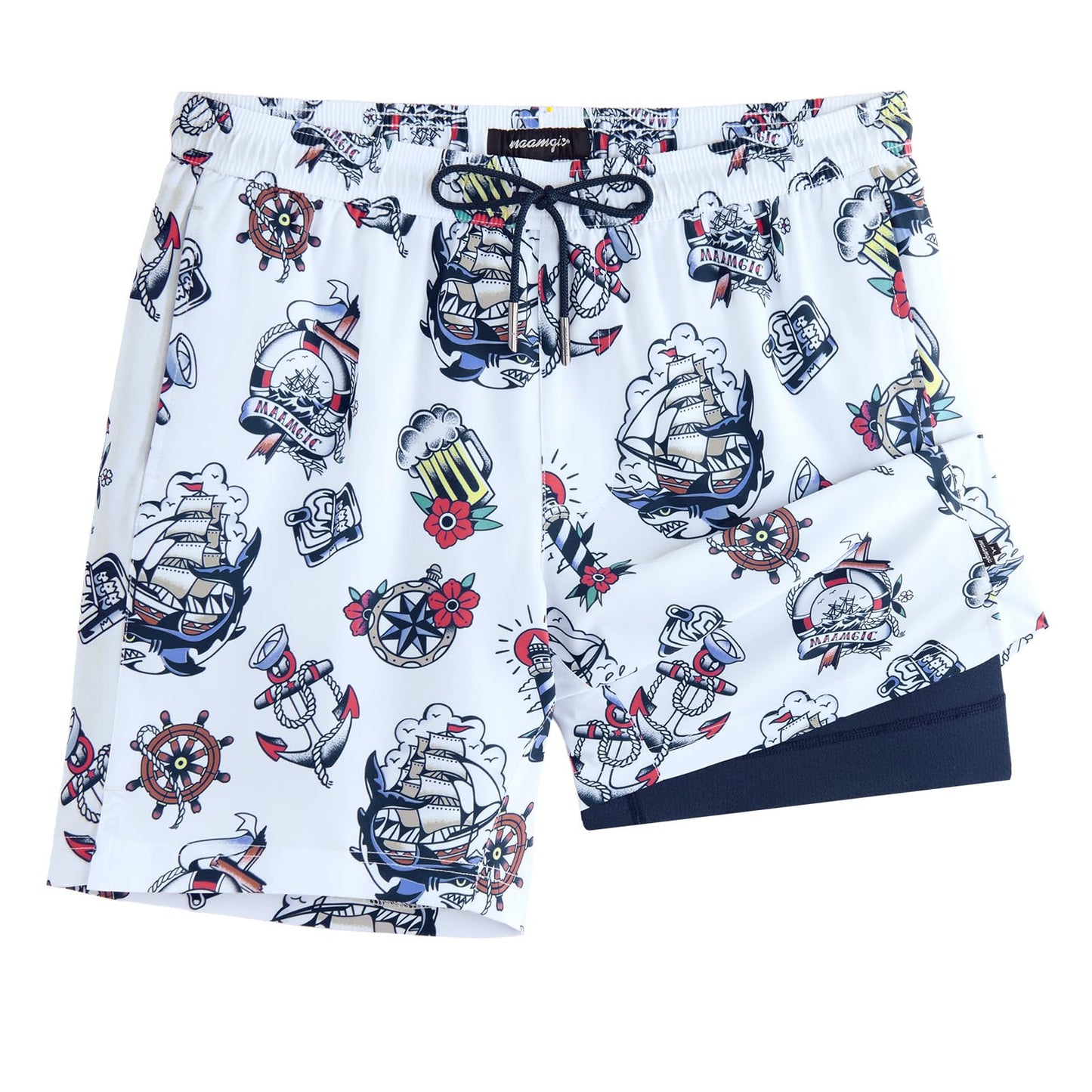 maamgic Mens Swim Trunks with Compression Liner 7 Inch Inseam Mens Bathing Suit Quick Dry Swimming Trunks Swimsuit Sailing Blue White XX-Large