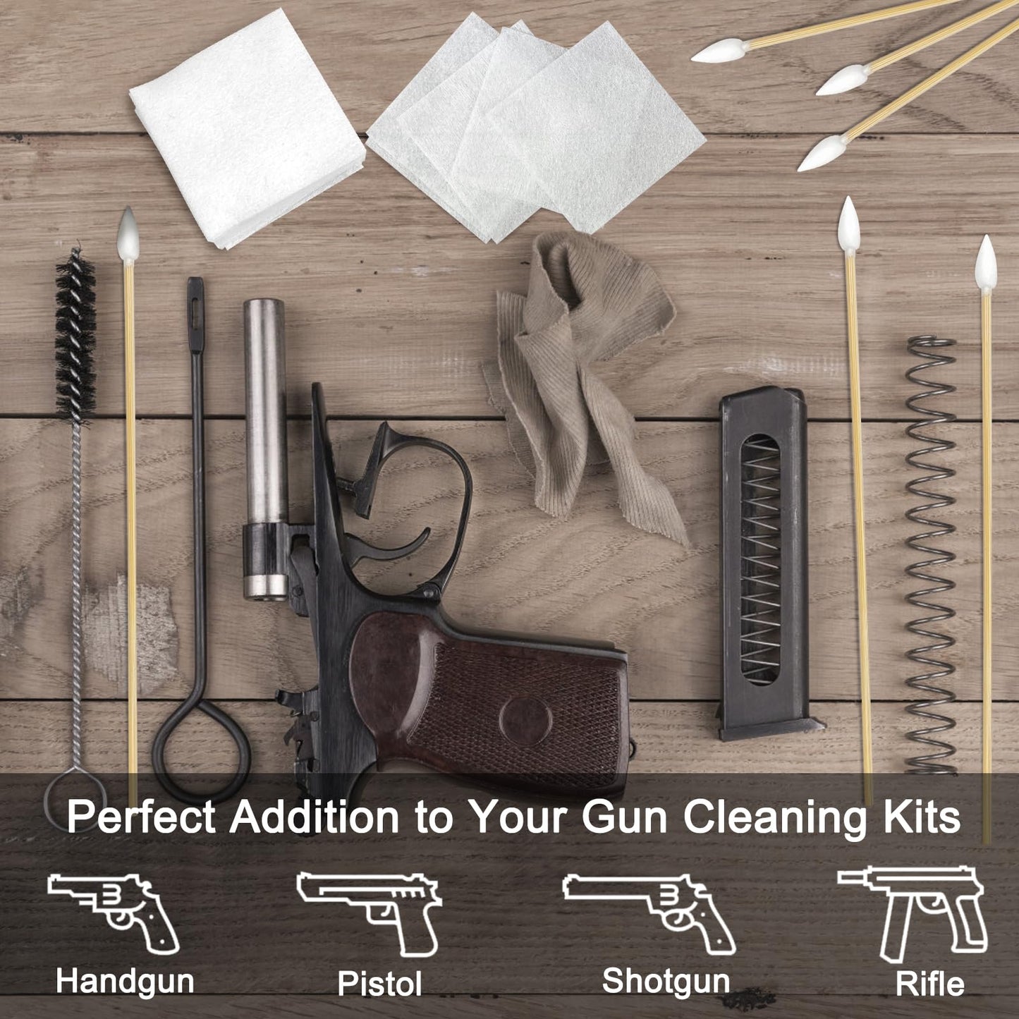 Gun Cleaning Supplies - 2x2'' Gun Cleaning Patches and 6''Gun Cleaning Swabs Set - Handgun, Shotgun, Pistol and Rifle Cleaning & Maintenance Kit
