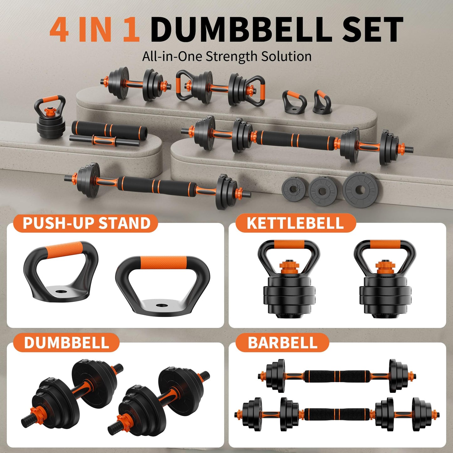 VTORY Adjustable Weights Dumbbell Set, 20/70/90lbs Free Weights Set with Connector, 4 in1 Dumbbells Set Used as Barbell, Kettlebells, Push up Stand, Weight Set for Home Gym Suitable Men/Women, 70lb