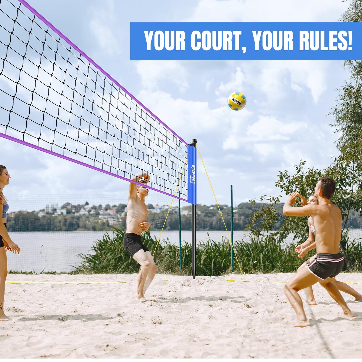 Portable Volleyball Net for Backyard, 32 FT Adjustable Height Blue&Purple