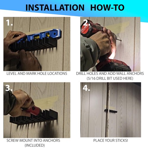 Hockey Sticks - Wall Mount Holder - (7) Hockey Stick Organizer - Youth to Adult Sizes Compatible