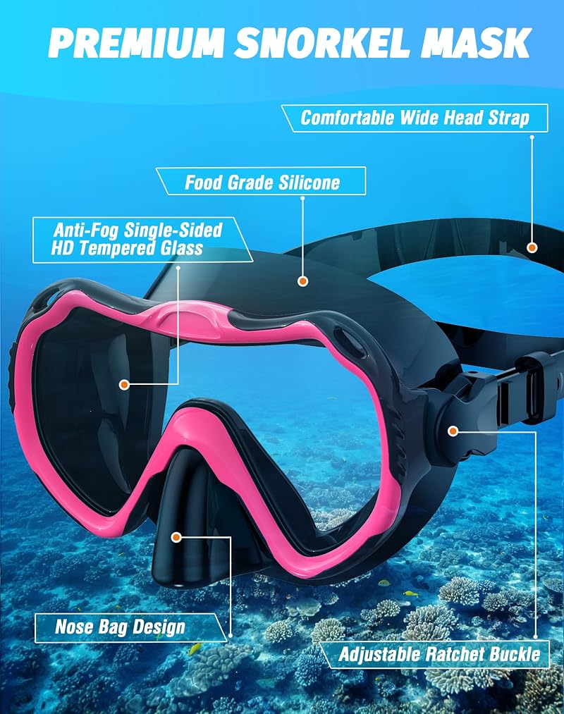 Diving Snorkel Mask Set 180° Vision Dry Top Anti-Fog Anti-Leak for Adults - Black Pink Variation